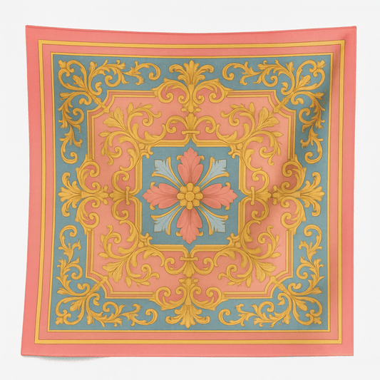 Decorative Scarf with intricate gold patterns on a pink and blue background