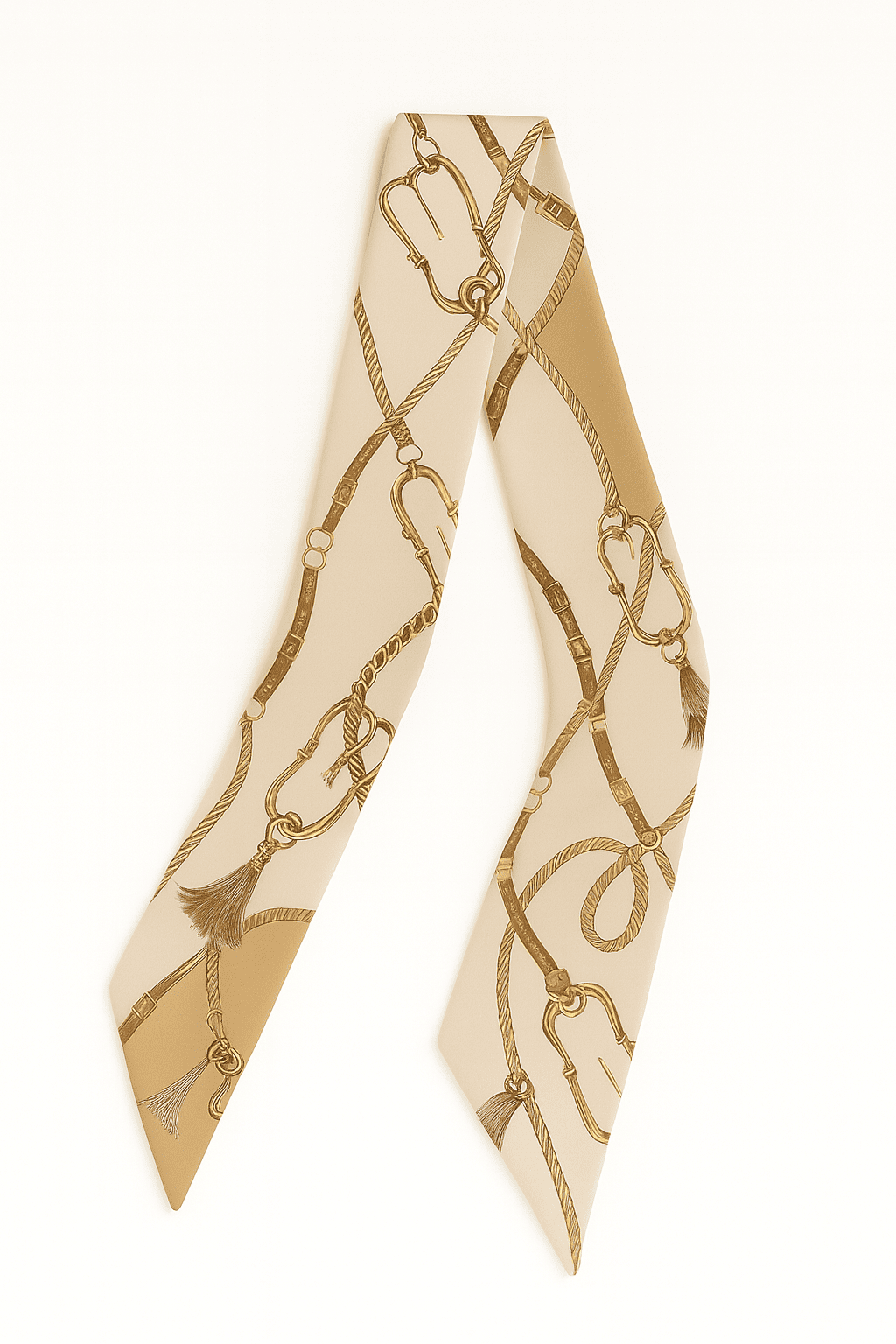 Beige Twilly Scarf with gold chain and pearl pattern on a white background