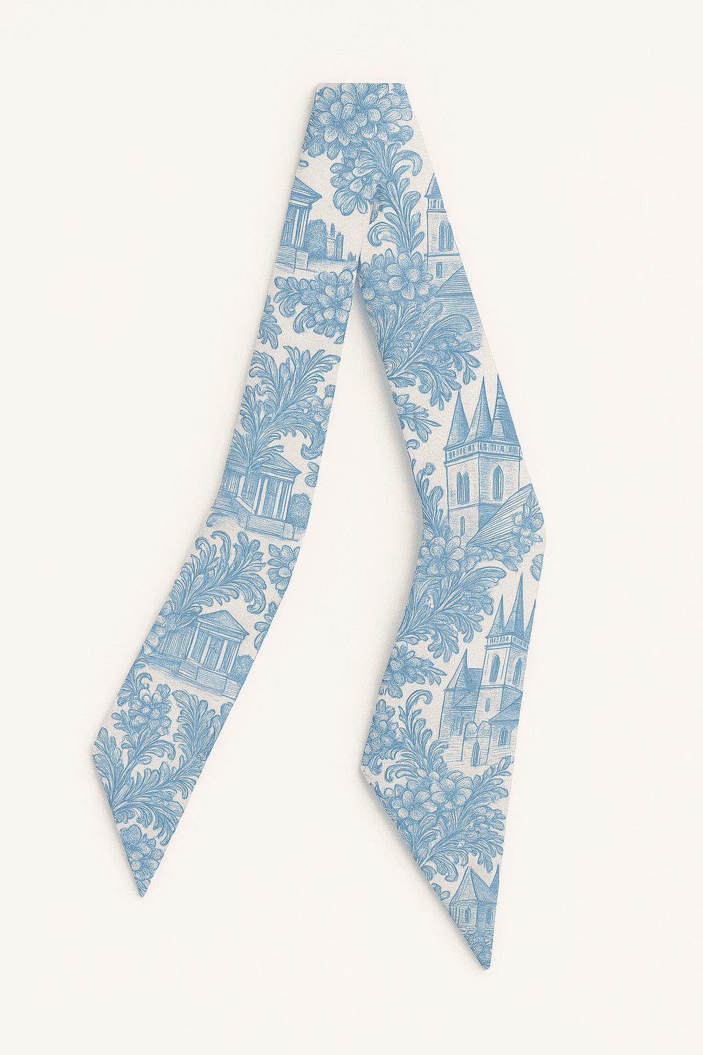 Blue and white patterned Twilly Scarf on a white background