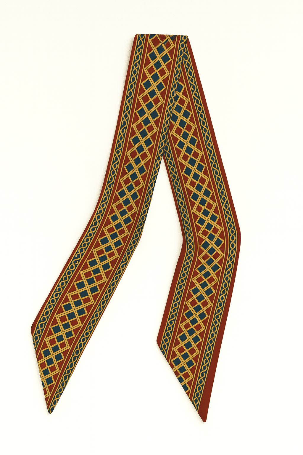 Decorative Twilly Scarf with geometric pattern on a white background