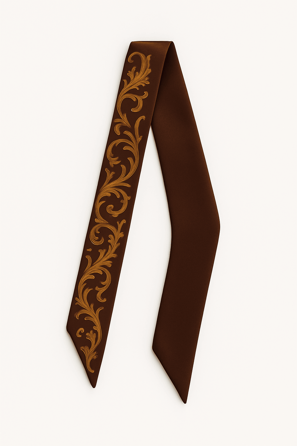 Brown Twilly Scarf with gold intricate pattern on a white background