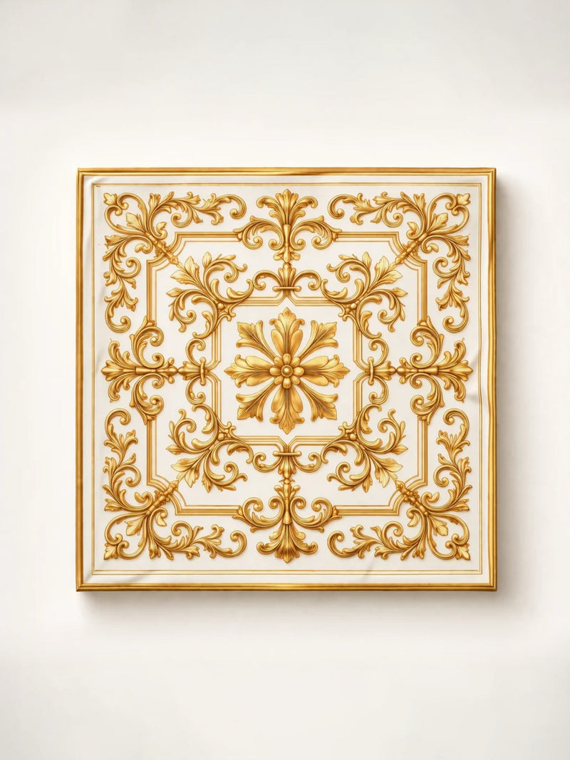 Square scarf with gold baroque scrollwork and a central ornamental medallion on an ivory ground