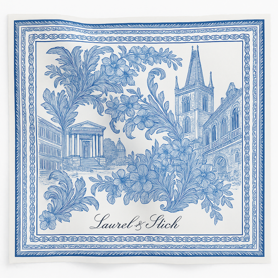 Decorative blue and white patterned scarf with architectural elements and 'Laurel & Stich' branding.