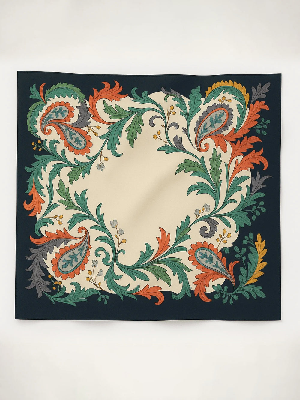 Many Hued multi-colour printed silk-feel square scarf by Laurel and Stich, styled at the neck