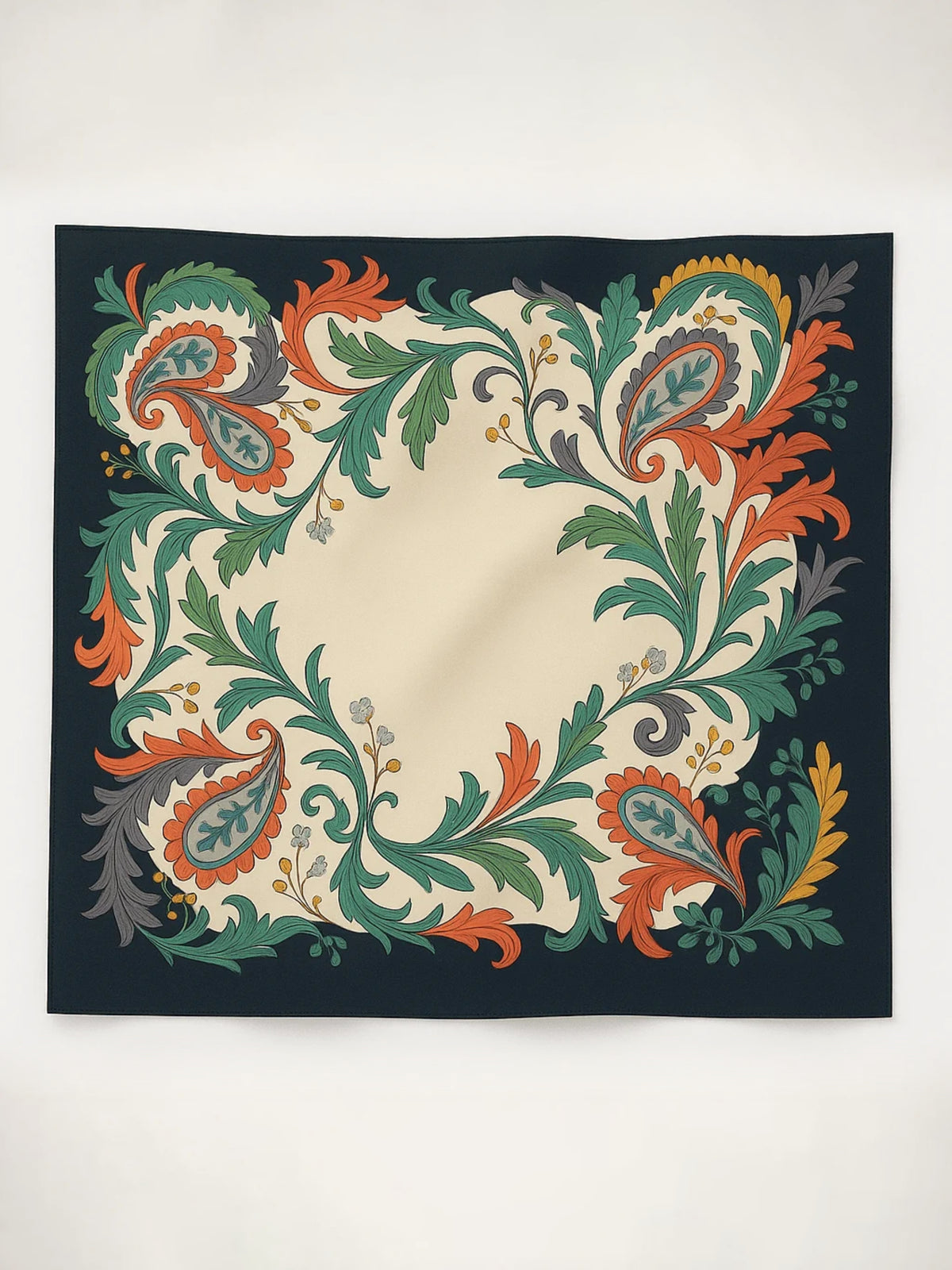 Many Hued multi-colour printed silk-feel square scarf by Laurel and Stich, styled at the neck