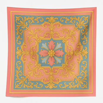 Decorative Scarf with intricate gold patterns on a pink and blue background