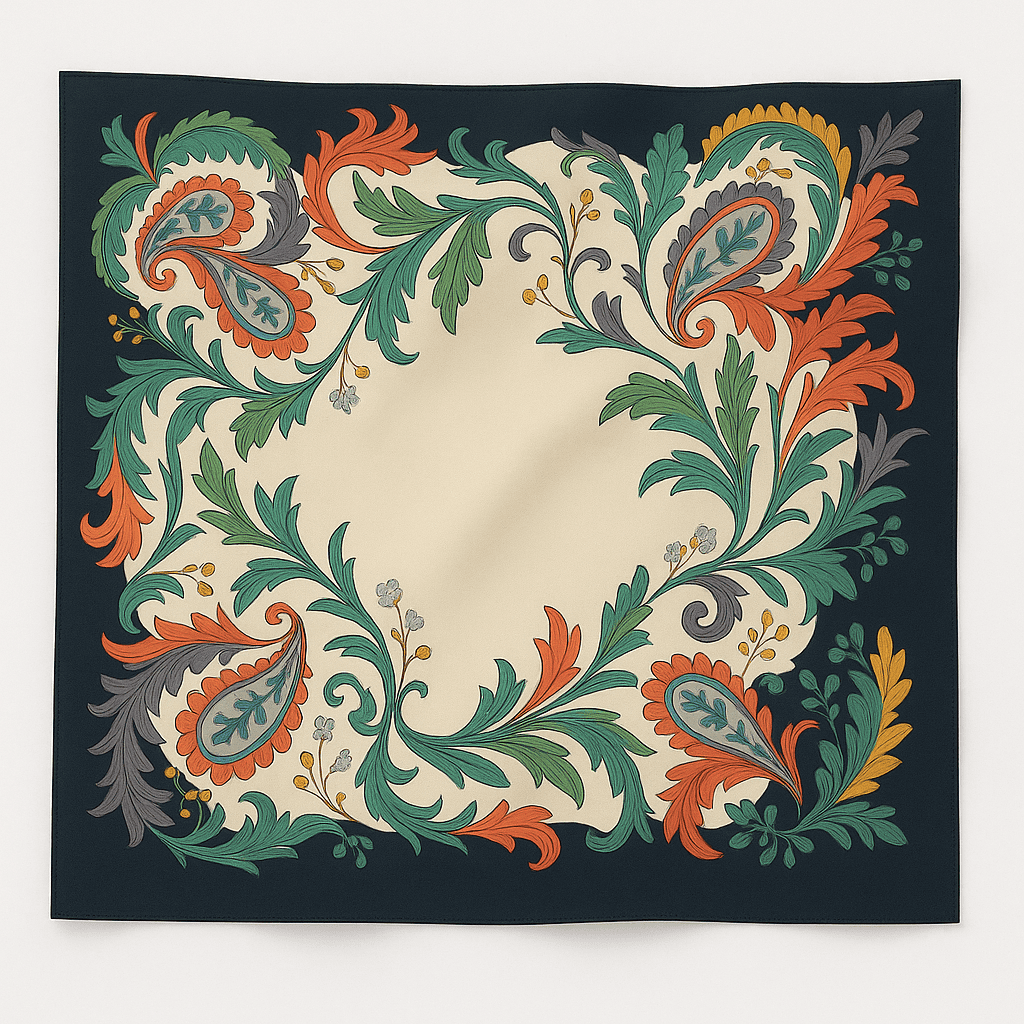 Decorative scarf with intricate paisley pattern on a black background