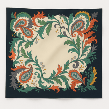 Decorative scarf with intricate paisley pattern on a black background