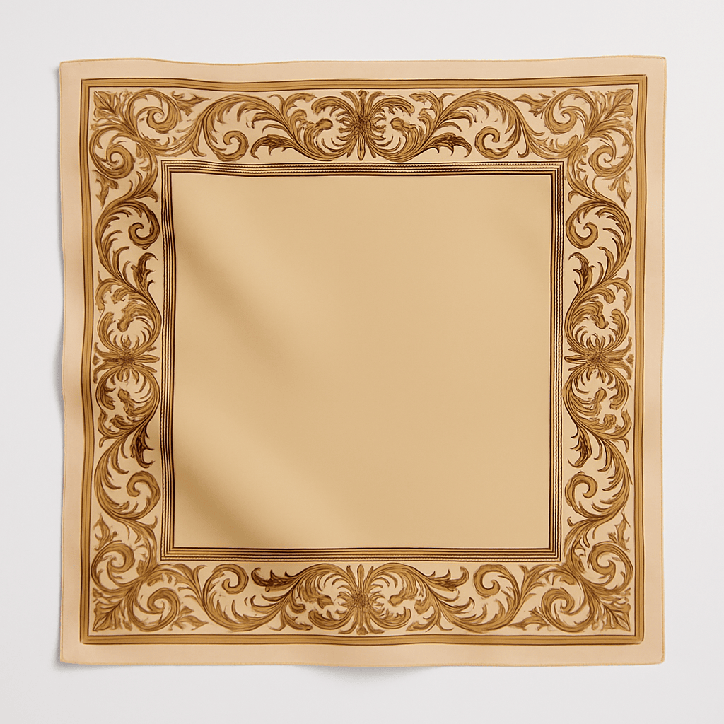 Beige square Scarf with decorative brown border on a white background