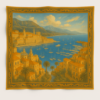 Decorative Scarf with a coastal scene and ornate border on a white background
