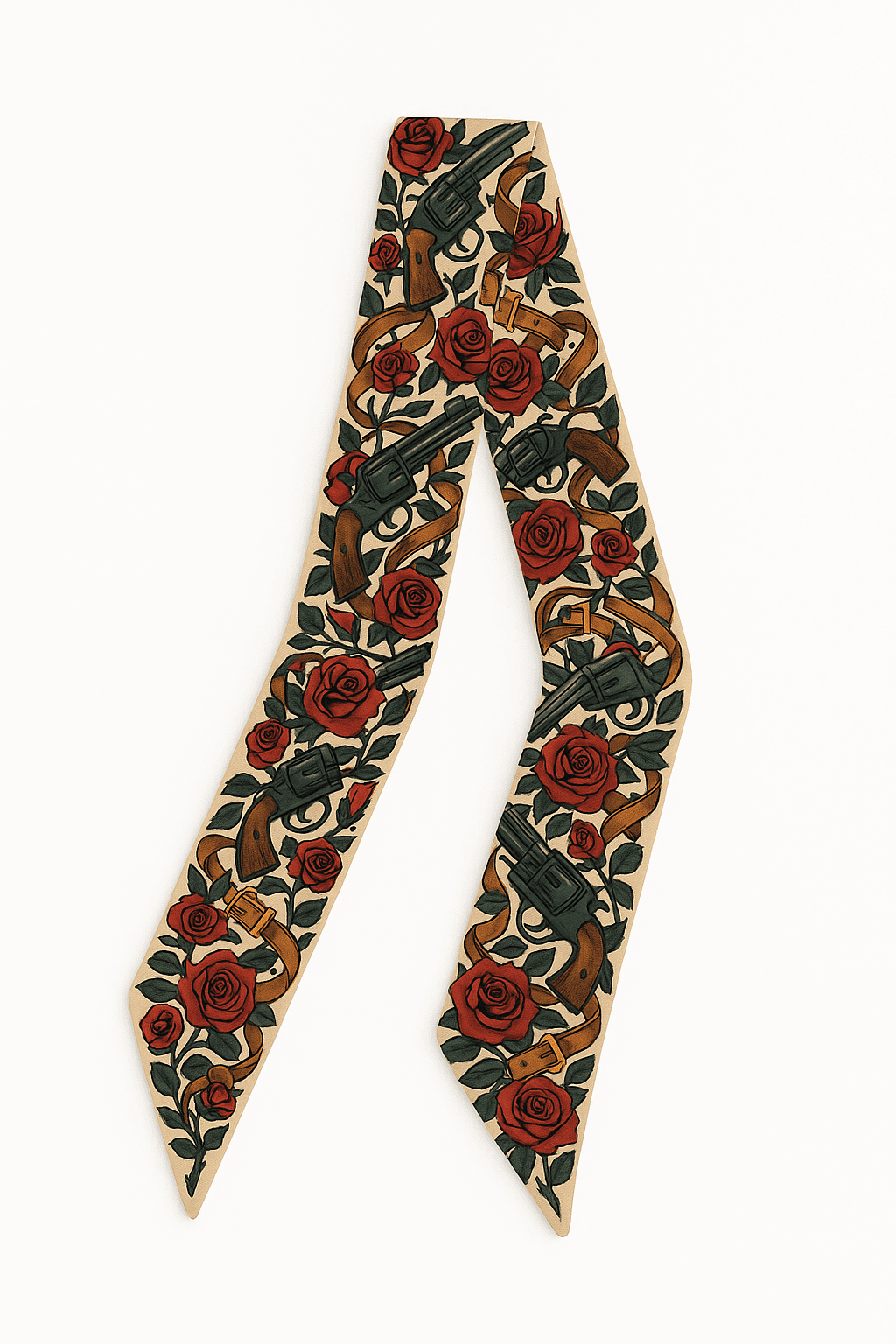 Decorative Twilly Scarf with roses and guns on a white background
