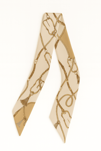Beige Twilly Scarf with gold chain and pearl pattern on a white background