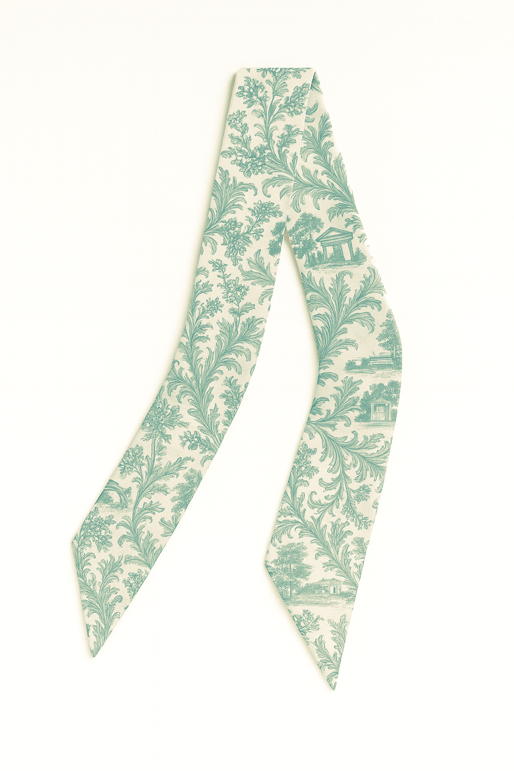 Teal and white patterned Twilly Scarf on a white background