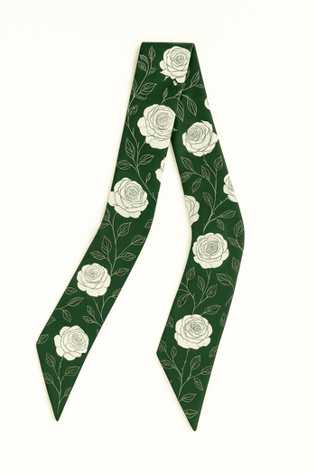 Green Twilly Scarf with white floral pattern on a white background