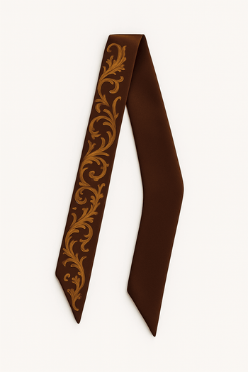 Brown Twilly Scarf with gold intricate pattern on a white background
